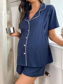 SHEIN 撞色镶边领口哺乳设计针织短袖短裤孕妇休闲套装