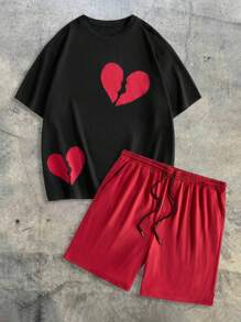 EASEVO Plus Size Men Casual Knit Short Sleeve T-Shirt & Shorts Set, Suitable For Summer - Black - View 1
