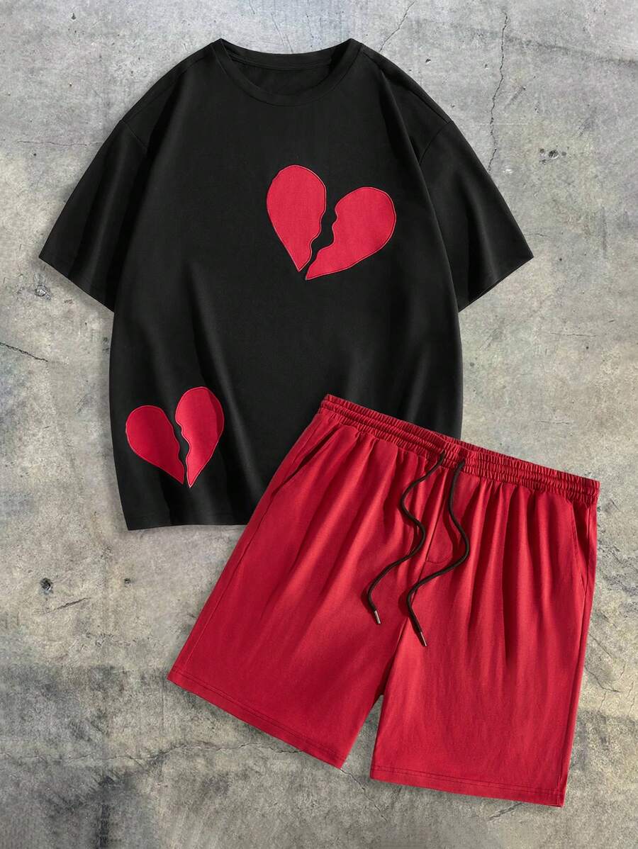 EASEVO Plus Size Men Casual Knit Short Sleeve T-Shirt & Shorts Set, Suitable For Summer - Black - View 1