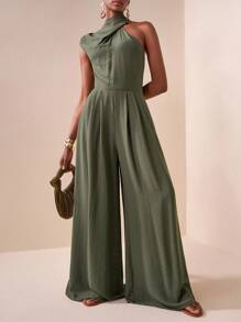 Veslaya 2025秋冬新款休闲度假日常约会通勤优雅沙滩邮轮派对简约网红爆款高领无袖一字肩宽松连体裤阔腿裤 - 綠色 - 查看 7