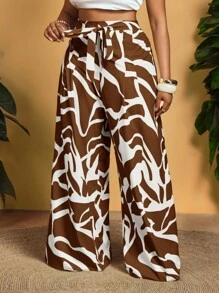 Slaydiva Plus Size Fashion Casual All-Over Print Drawstring Waist Loose Pants,Fall Clothes For Women - Brown - View 7