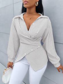 SOLERSUN 女式条纹印花纽扣前开襟衬衫，不对称下摆，蝙蝠袖，裹身衬衫，秋季，长袖，优雅，日常通勤，外出，休闲 - 灰色 - 查看 7