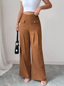 Elenzga Pantalones de traje elegantes para mujer con decoración de bolsillos, diseño plisado y botones de perla - Caqui - Ver 6
