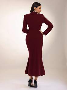 Modelyn Women's Lapel NeckLong Sleeve Metallic Floral Decor Fitted Dress With Fishtail Hem, Elegant