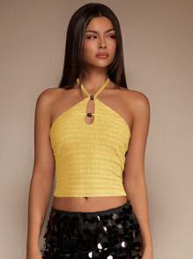 Glamine 棕色无袖针织吊带背心，带木珠纹理，性感优雅女式背心，秋季女装返校季 - 黃色 - 查看 5