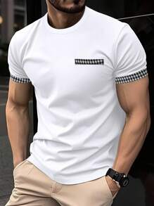 Manfinity Homme Áo thun nam cổ tròn tay ngắn họa tiết Houndstooth chắp vá mùa hè - trắng - Xem 5