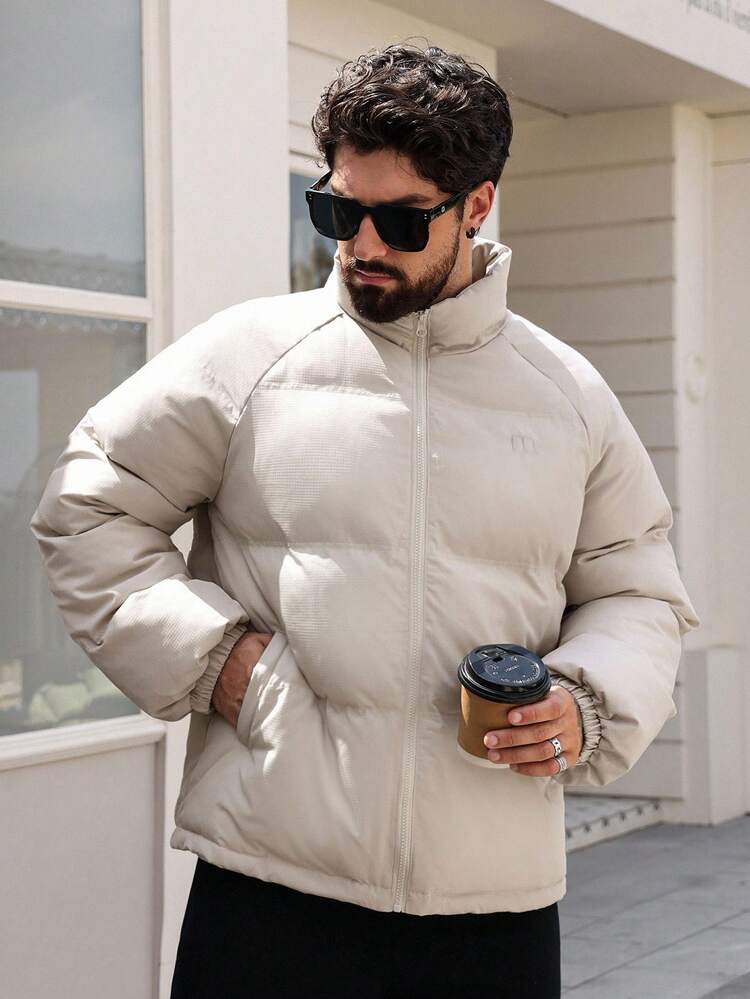 Men's Thick Padded Coat With Letter Print, Textured Fabric, Stand Collar, Winter Jacket