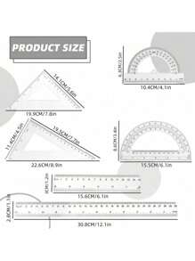 SHEIN Basic living 6 件套尺子套装（带量角器和直尺）、30 厘米学校办公室测量工具套件、5 色数学几何套装（适合学生）、返校用品、适合教室和办公室使用的绘图尺