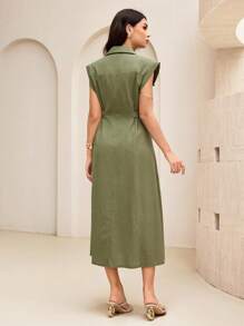 SHEIN Lacomfia 女式V领无袖金属扣腰收腰中长连衣裙 - 軍綠色 - 查看 3