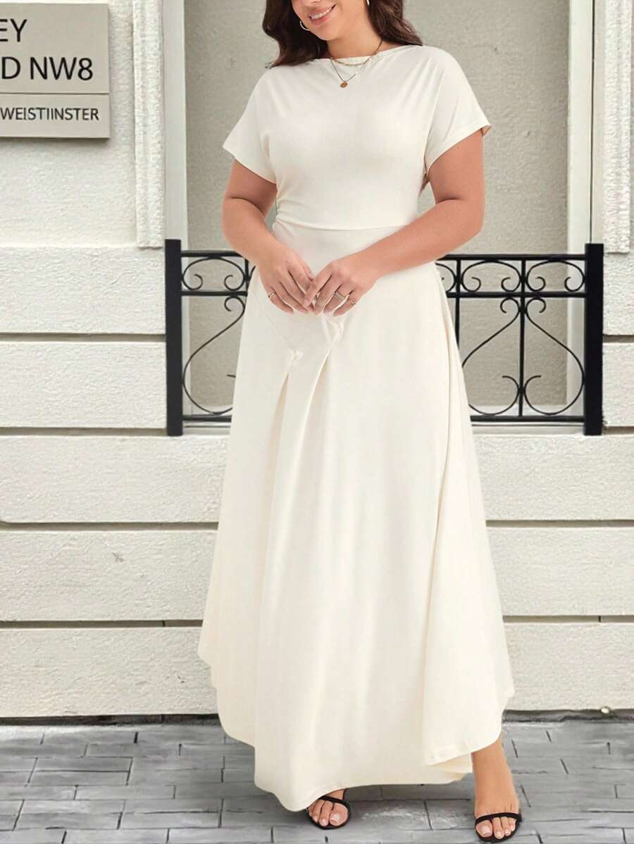 INAWLY Women's Plus Size White Long Casual Dress, Elegant Short Sleeve