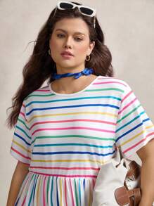 Zelara Plus Size Women Colorful Striped Round Neck Short Sleeve Pocket Casual Dress Summer Outfits For Women Graduation Dress Summer Outfits For Women Vacation Outfits Women