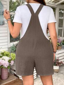 SHEIN LUNE 大码女式休闲纯色拼布口袋宽松吊带连体短裤（不含T恤），夏季