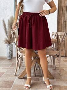 SHEIN LUNE Quần short nữ mùa hè thường ngày đơn giản màu trơn vải họa tiết buộc eo, quần short rộng màu đỏ tía, quần short màu hạt dẻ, quần short ống rộng, quần short nữ mùa hè, quần short thường ngày - Màu Đỏ Sâu - Xem 3