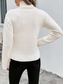 SHEIN LUNE 高领流苏下摆长袖独特合身针织上衣针织套头衫秋冬 - 白色 - 查看 2