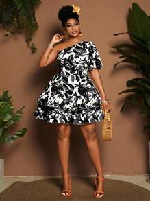 Maweii Plus Size Women's Elegant Vacation Style Floral Print One Shoulder Puff Sleeve Backless Belted Ruffle Hem A-Line Mini Dress, Spring/Summer - Black - View 6