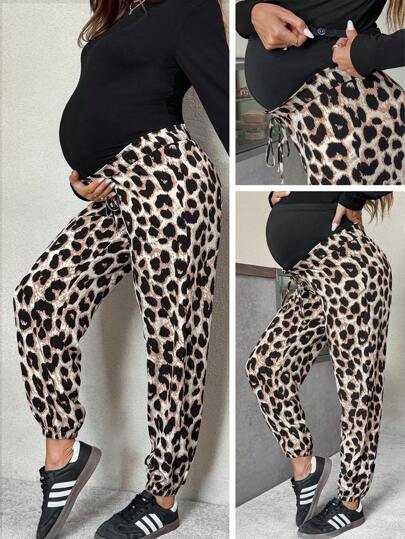 SHEIN Women's Vintage Leopard Print Elastic Waist Ruffle Hem Pants, Summer Casual Holiday Maternity Leopard Print Pants Animal Print Pants Maternity Leopard Pants Leopard Joggers Maternity Joggers   Leopard Print   Casual   Leopard Print