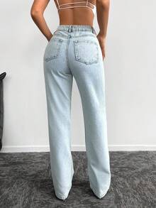 SHEIN Tall Light Wash Extra Long Straight Leg Denim Jeans For Women With Unique Zipper Detail Casual Plain Style - Light Wash - View 4