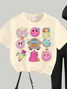 多彩圓領套裝落肩上衣俏皮卡通設計可愛校服襯衫適合年輕女孩寬鬆校服T恤青少年寬鬆校服T恤返校襯衫可愛 - 彩色 - 查看 4