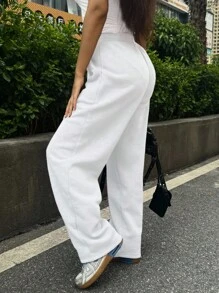SHEIN EZwear 女式纯色系带口袋休闲宽松运动裤，秋冬 - 白色 - 查看 4