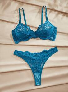 Floral Lace Underwire Lingerie Set - Teal Blue - View 5