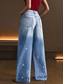 Selenza Women's Distressed Diamond Rivet Decor Wide-Leg Jeans