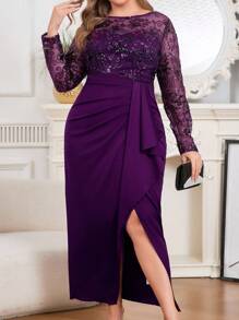 Modelyn Vestido elegante de manga larga con cuello redondo, de talla grande, con parches florales, lentejuelas y volantes de malla - Morado - Ver 5