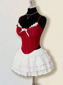 SHEIN ICON 女式鱼骨文胸上衣和褶皱荷叶边下摆裙两件套，性感唇彩蛋糕裙适合派对、生日、休闲装、秋冬季女装 - 紅白色 - 查看 7