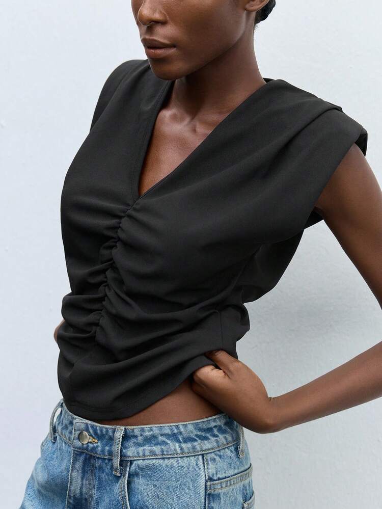 SHEIN Maija Black Epaulet Padded Shoulder V-Neck Sleeveless Women Top, Modern Urban Style, Comfortable & Versatile Outerwear,Halloween