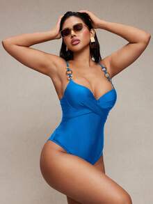 SHEIN Swim Women's Slimming Drawstring One Piece Swimsuit, Elegant Design - Blue - View 4