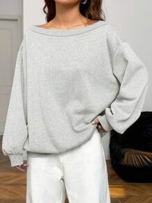 SHEIN EZwear Áo nỉ vai chéo dáng rộng dành cho nữ có lớp lót giữ nhiệt, màu xám nhạt, mùa thu/đông - Màu Xám nhạt - Xem 6