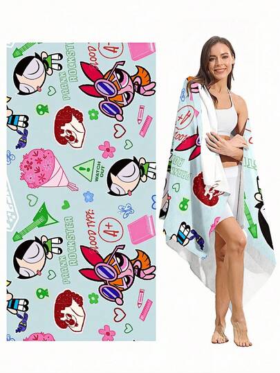 THE POWERPUFF GIRLS X SHEIN Blossom, Bubbles, Buttercup Pattern Beach Towel Shawl - Microfiber Ultra-Absorbent & Quick-Dry, Lint-Free Towel For Swimming, Spa, Travel - Ultra-Soft Lightweight & Portable Design