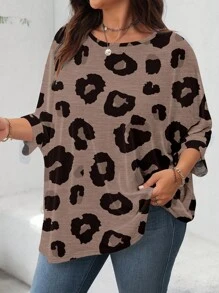 SHEIN LUNE 加大码休闲豹纹印花宽松圆领长袖 T 恤，适合春夏季 - 彩色 - 查看 3