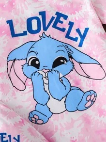 2 件套年轻女孩可爱图案上衣和长喇叭裤套装，鲜艳的扎染面料，休闲日常穿着 - 粉色 - 查看 5