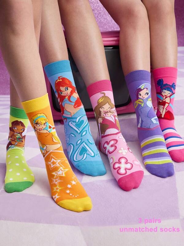 The Winx X SHEIN 3 paia di calze a mezza gamba da donna con motivi asimmetrici a cartoni animati, calze a righe magiche morbide e traspiranti con punta e tallone rinforzati, versatili per tutte le stagioni