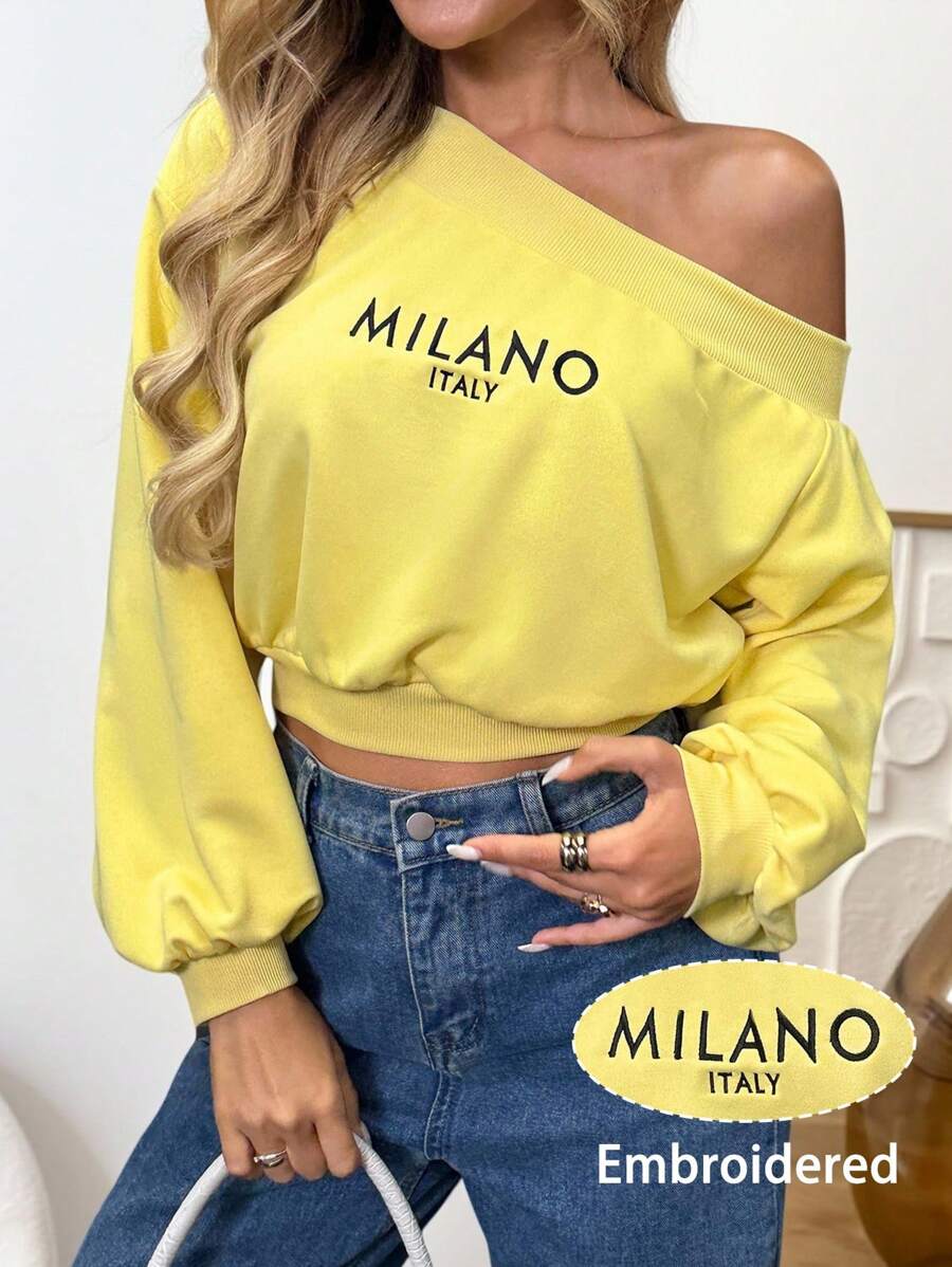 SHEIN LUNE Áo nỉ ngắn thêu chữ vai bất đối xứng thường ngày cho nữ, thiết kế tay áo đa năng, màu vàng bơ thời trang dạo phố dễ thương Y2k trở lại trường học trở về nhà mùa đông mùa thu đi chơi sân bay áo cơ bản mùa thu - Màu vàng - Xem 1