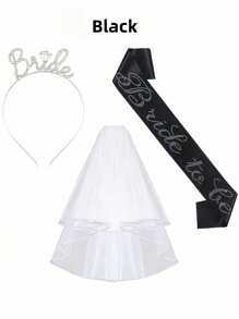 3pcs/Set European And American Bridal Shower Party Bride-To-Be Crown Headband, Shoulder Strap And Veil Set, Wedding Photo Prop(Black/White) - Multicolor - View 9