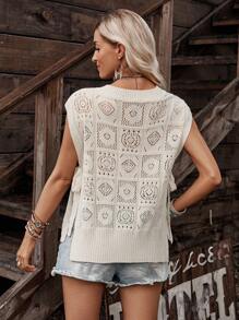 LanaWest 女士针织镂空花朵拼布套头背心，侧系带，时尚设计 - 米色 - 查看 2