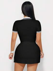 Sirith 2 件套女士休闲撞色 Polo 领短袖上衣和裙子裤子套装 - 黑色 - 查看 2