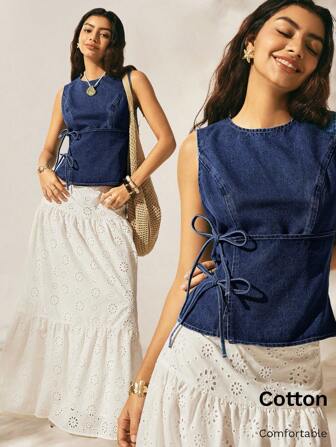 Easelle 蝴蝶结牛仔上衣，休闲优雅，适合节日外出穿着