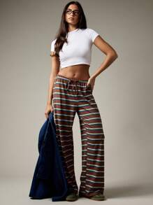MISSGUIDED Weite gestreifte Palazzo Sommer Strandhose, lässige Resort Loungewear, Retro Muster Strand Kordelzug Elastischer Bund Urlaubs Hose, locker und bequem - Verschiedenfarbig - Übersicht 5