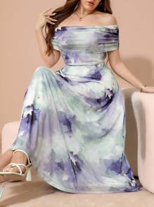 SHEIN Clasi Elegantes und romantisches Batik-Muster in Große Größen, Off-Shoulder langes Kleid - Mauve - Übersicht 3