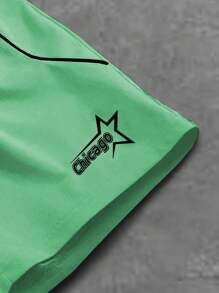 PAVTROS 男士字母印花圆领短袖休闲T恤抽绳腰短裤运动套装男绿色短套装男绿色出装超越短套装两件套短套装男夏季套装