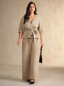 Flouryn Plus Size Women's Solid Color Fashion 2 Pieces Set, Collared Puff Sleeve Cinched Waist Blouse And Casual Wide Leg Pants Suit - Apricot - View 5