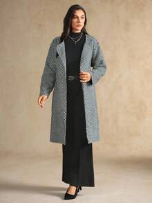 Flouryn Plus Size Women's Black & White Herringbone Pocket Belted Bow Overcoat Winter Fall Autumn - Black and White - View 4