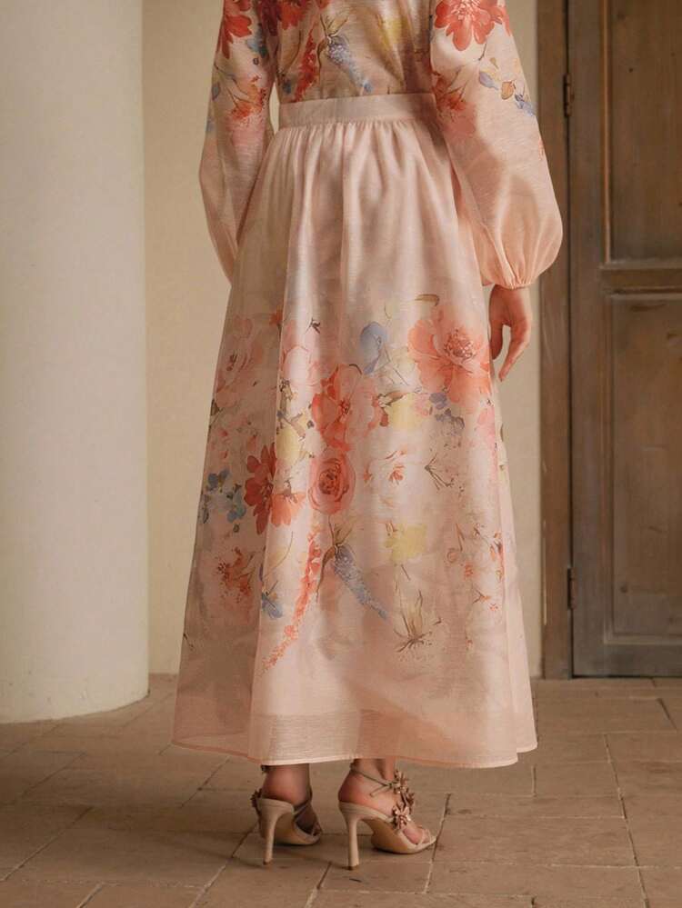 Anewsta Elaire Falda larga y elegante de corte A con estampado floral de loto rosa, ideal para primavera, verano, festivales, vacaciones