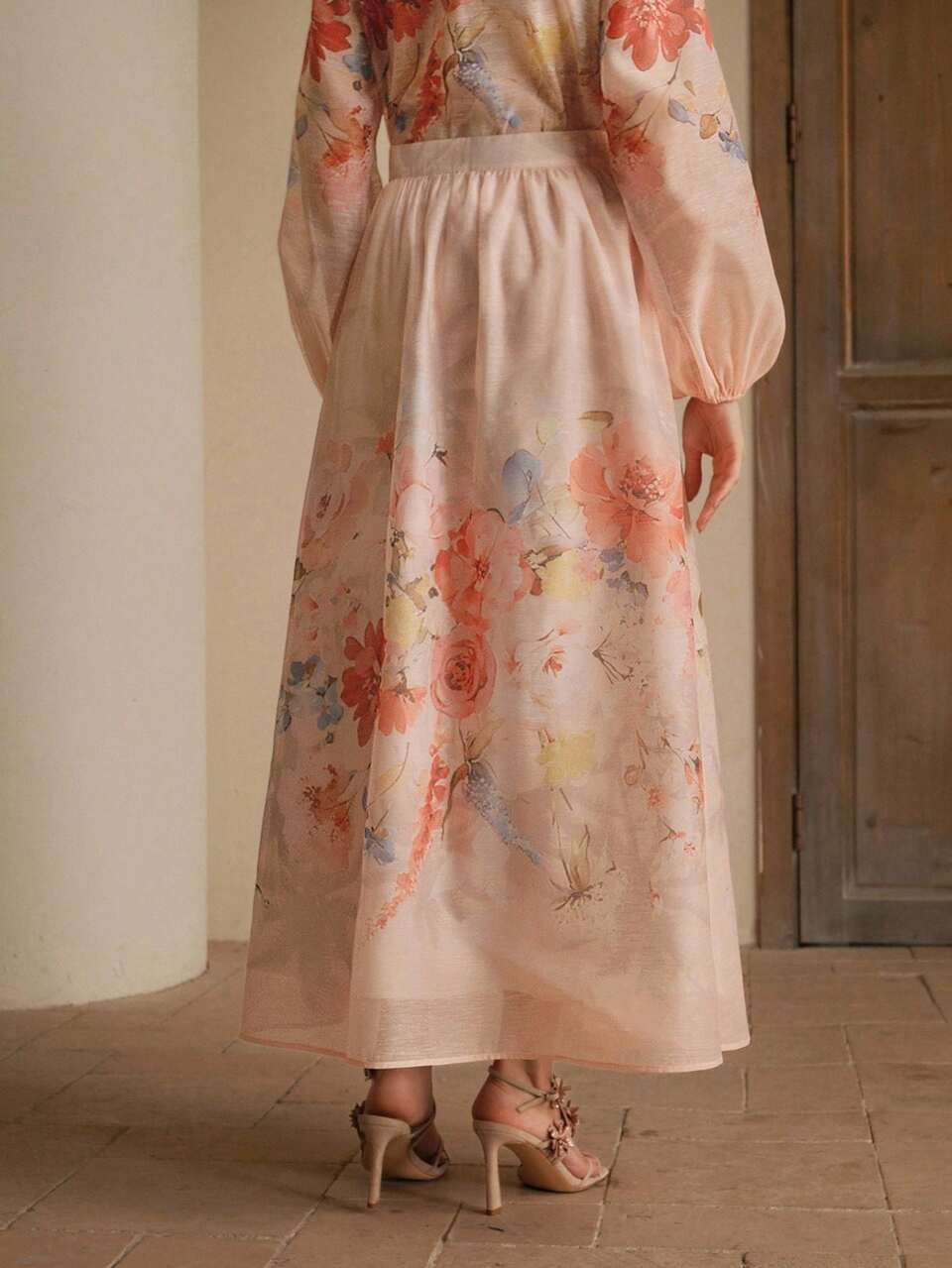 Anewsta Elaire Lotus Pink Floral Print A-Line Long Maxi Skirt, Elegant For Spring, Summer, Festivals, Holidays, Vacations
