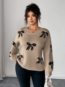 Elenzga 大码女式优雅长袖宽松串珠蝴蝶结针织毛衣，适合秋冬季外出、度假和俱乐部 - 杏色 - 查看 6