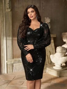 Aureia 加大码优雅浪漫黑色甜心领奢华刺绣亮片拼布透明长袖紧身鸡尾酒会连衣裙 - 黑色 - 查看 2
