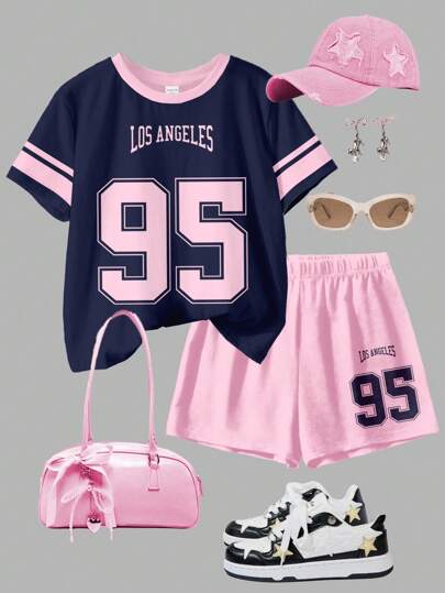 SHEIN Bộ 2 món cho bé gái tuổi teen, màu xanh navy và hồng, kiểu dáng thời trang đường phố, in số 95, cổ tròn, tay ngắn và quần short, thích hợp cho mùa hè, trang phục mùa thu khi ra ngoài, thoải mái, lớp áo mùa thu cho trẻ em, phong cách trẻ em, trang phục thường ngày, quần áo in hình cho trẻ em, đi học, trang phục mùa thu, lễ hội, thích hợp cho dã ngoại ngoài trời, chụp ảnh đường phố, ở nhà, trường học.