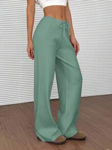 EURMUSE Damskie, swobodne, jednokolorowe, dzianinowe spodnie ze ściągaczem w pasie i luźnymi szerokimi nogawkami - Miętowy Zielony - Zobacz 4